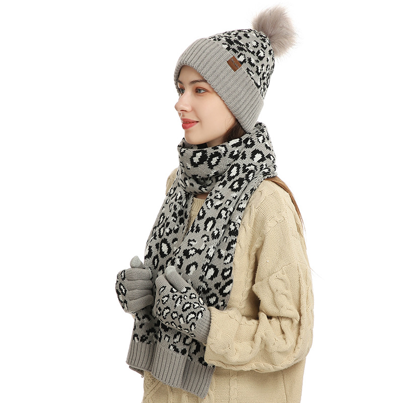 Frauen Winter Warm Halten Set Fleece Futter Beanie Telefingers Handschuhe Verdicken Schal Gestrickte Schalldämpfer Hut Leopard Halstuch