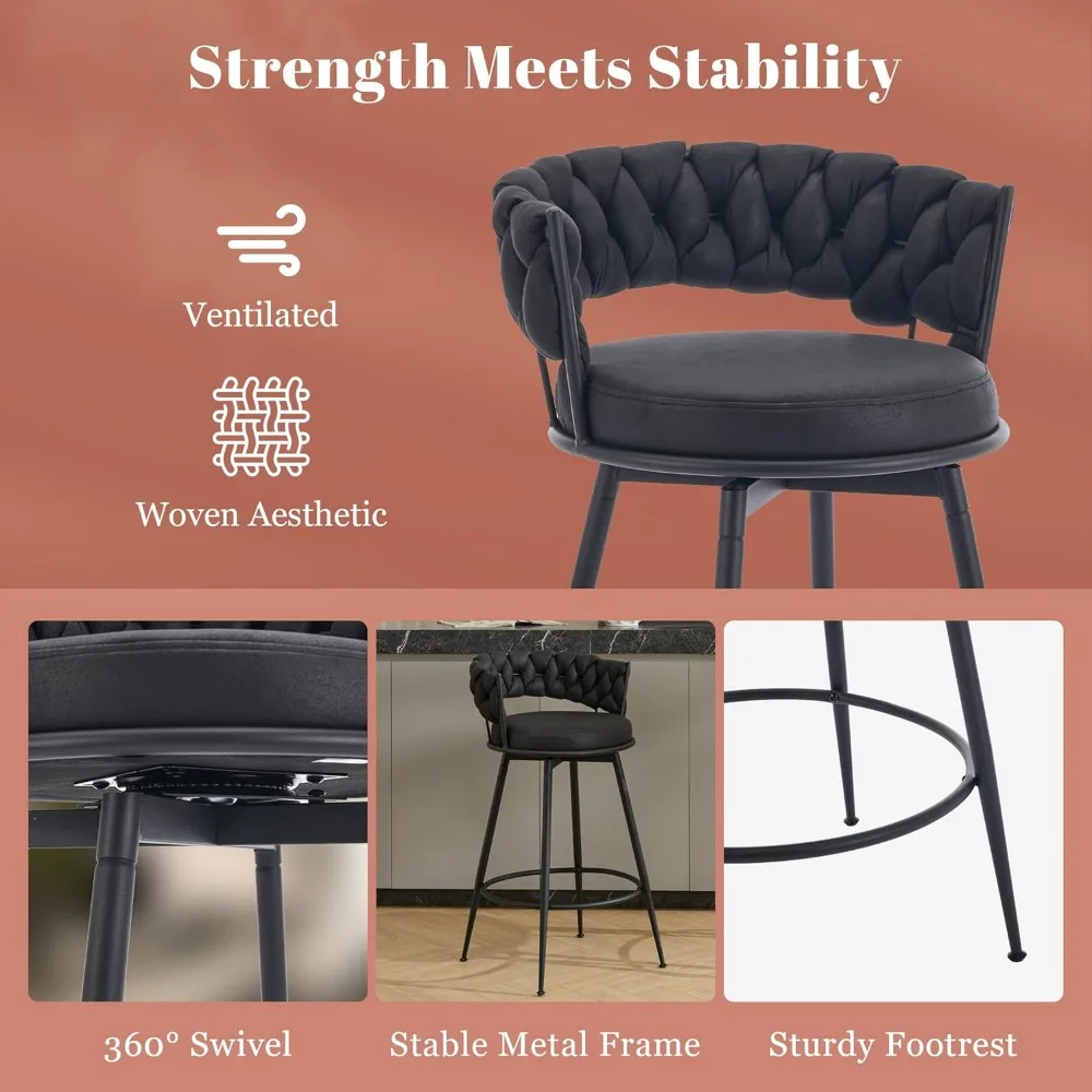 360° Swivel Bar Stools Set of 3, 28 inch Counter Height Bar Stools Modern Barstools with Woven Back and Suede Fabric, Metal
