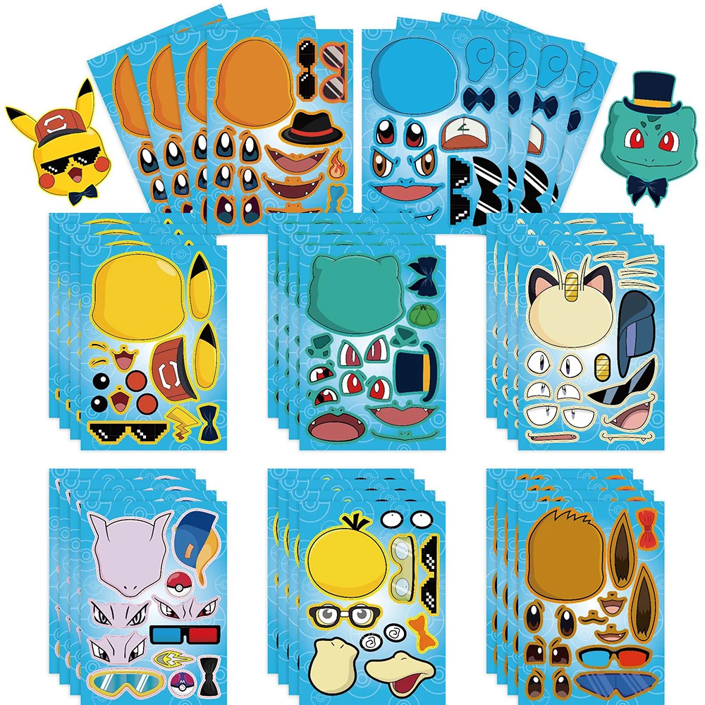 6/8/12/16 แผ่น Pokemon ปริศนาสติกเกอร์เด็ก Make a Face Pikachu Gengar อะนิเมะประกอบจิ๊กซอว์เด็ก DIY เกมตกแต่ง