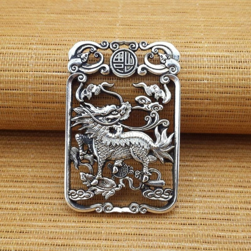 Antique White Copper with Silver Overlay Double-Sided Kirin Pendant Kirin Pendant Blessing in Front of Us Pendant