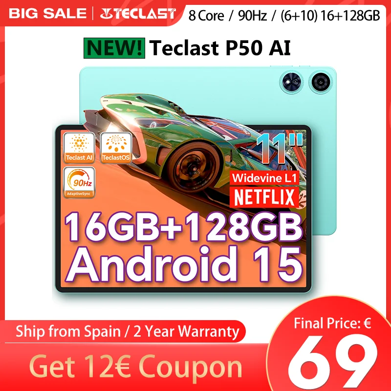 【Nieuw】 Teclast P50ai 11 inch 90Hz Android Tablet PC 15 AI OS (6GB + 10 GB uitbreiding) 16 GB RAM 128GB LPDDR5 7000MAH Allwinner A733-AI Octa-Core 1280X800 WIFI-6 BT 5.4
