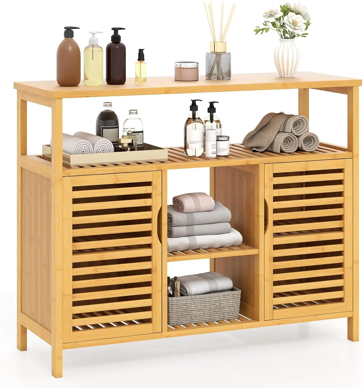 Badregal mit 2 Lamellentüren und offenem Regalen, freistehender Aufbewahrungsschrank, Badschrank für Badezimmer, Küche und Esszimme