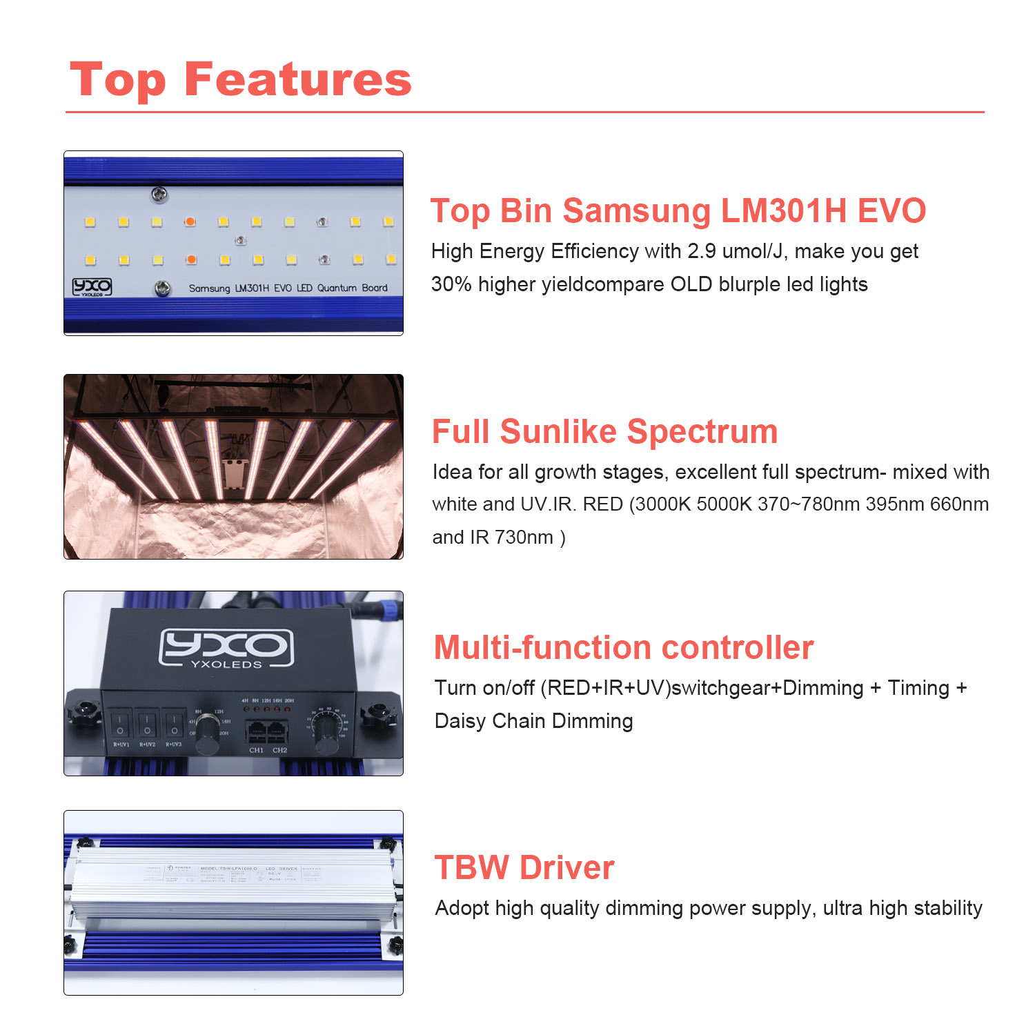 YXO 1000W 650W Full Spectrum LED Grow light Sam-ng LM301H EVO Quantum Tech LED Grow light Bar UV IR Turn On/Off For Plant Light
