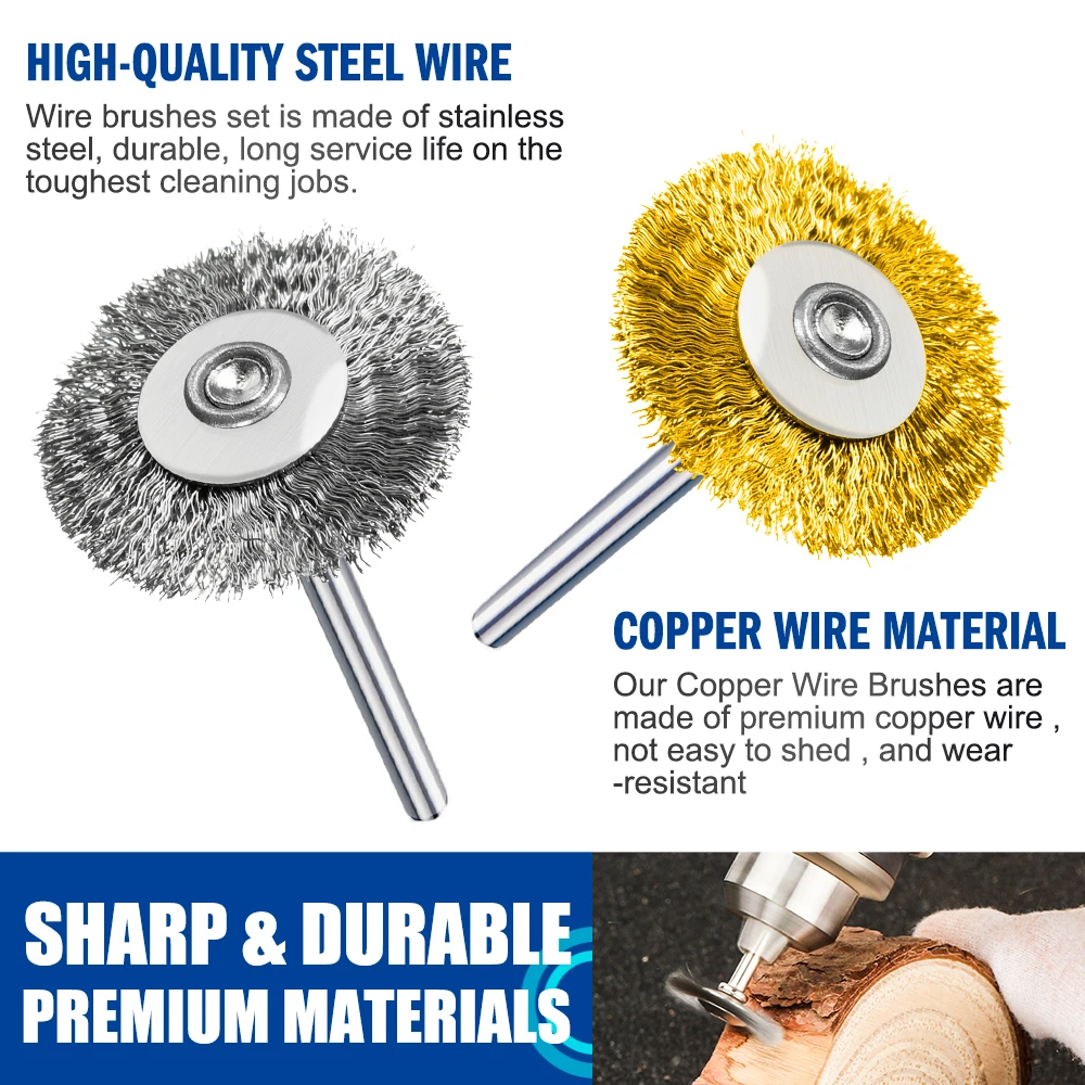 CMCP 10 pz 22mm Set di spazzole metalliche per lucidatura Gambo 3.0mm Acciaio inossidabile/Nylon/ottone per lucidatura Rettifica per utensili rotanti Dremel