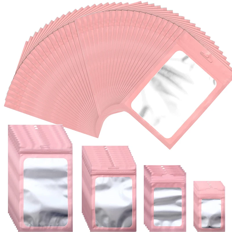 10 Chiếc Nhựa Dẻo Matte Hồng Viền Nhôm Khóa Zip Đóng Gói Túi Vòng Cổ Phối Túi Bảo Quản Nhỏ Sữa Dạng Túi Thực Phẩm Mẫu Túi