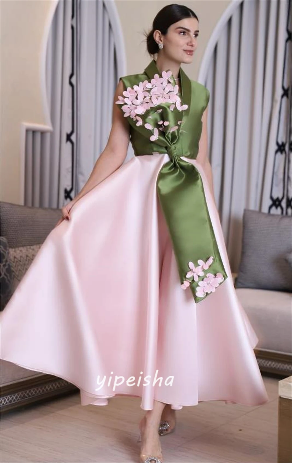 Personalizado jiayigong requintado estilo moderno com decote em v vestido de baile flores apliques vestidos de ocasião sob medida