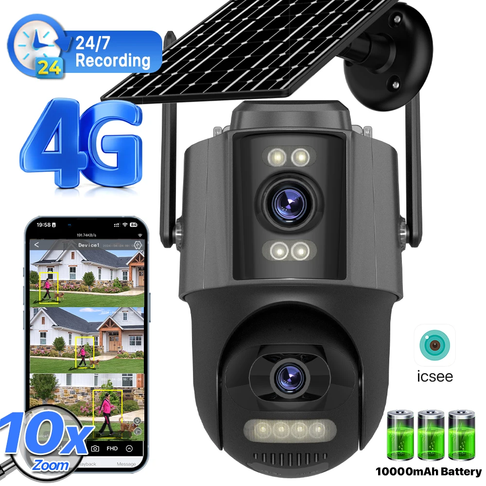 Cámara Solar 4G Sim, registro de 24 horas, tres lentes, cámara con Zoom 10X para exteriores IP66, impermeable, Panel Solar de 9W, batería integrada iCSee