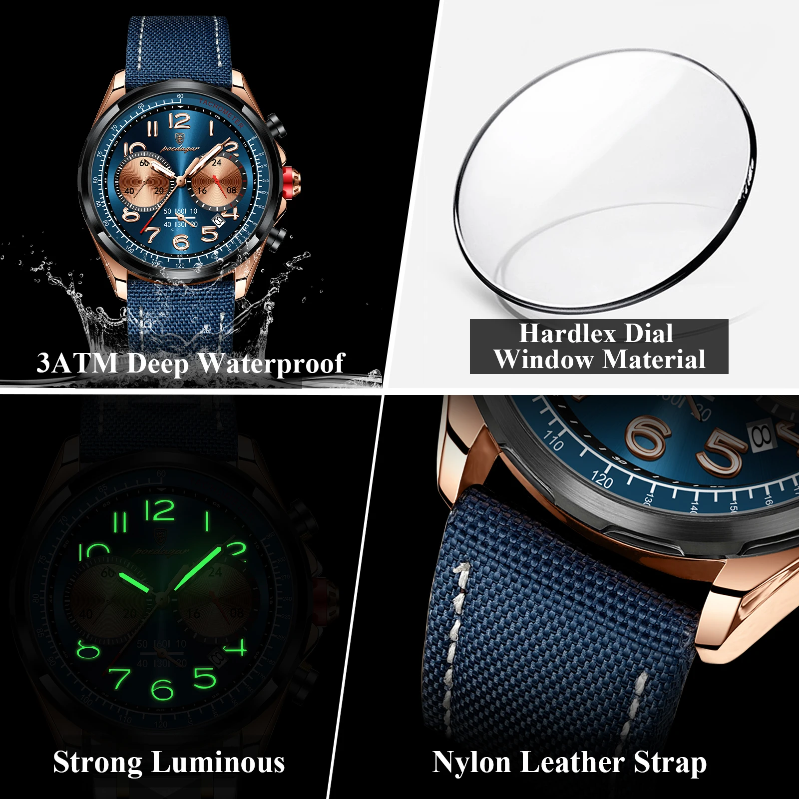 Reloj POEDAGAR de lujo para hombre, Reloj de pulsera con correa de cuero y nailon de cuarzo para hombre, cronógrafo luminoso resistente al agua, relojes con fecha para hombre, Reloj + caja