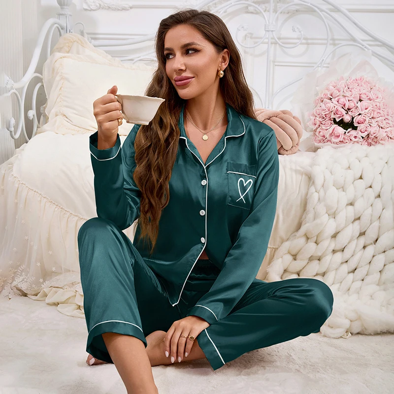 Pijama de cetim de outono para mulheres em forma de coração bordado pijamas e loungewear manga longa top e calças roupas para casa pijama 2 peças