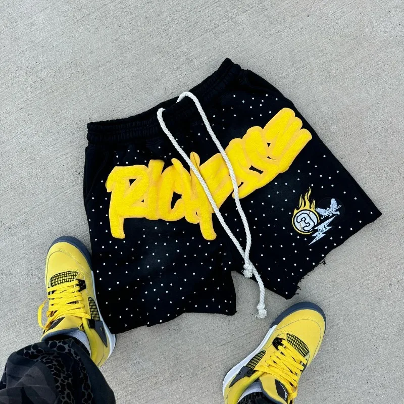 Y2k harajuku shorts masculinos strass carta impressão algodão moletom moda novo hip hop basquete streetwear solto shorts casuais