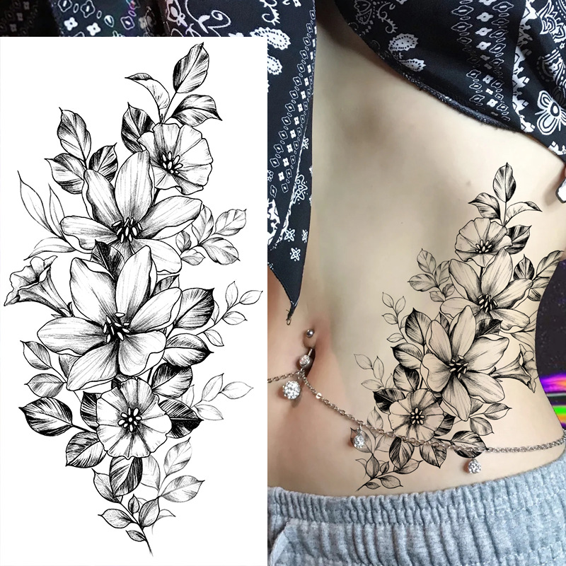 Tatuaje de boceto de flores, flores blancas y negras, tatuajes temporales, tamaño de la pegatina