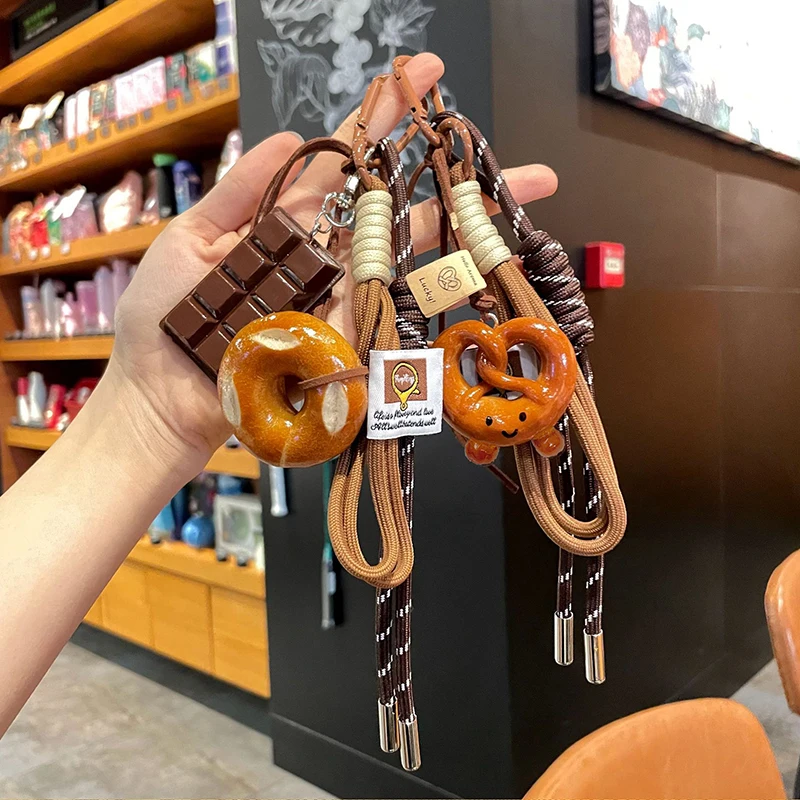 LLavero de cuerda tejida con lazo creativo, llavero de pan Bagel de Chocolate, bolsa antipérdida de poliéster, decoración tejida