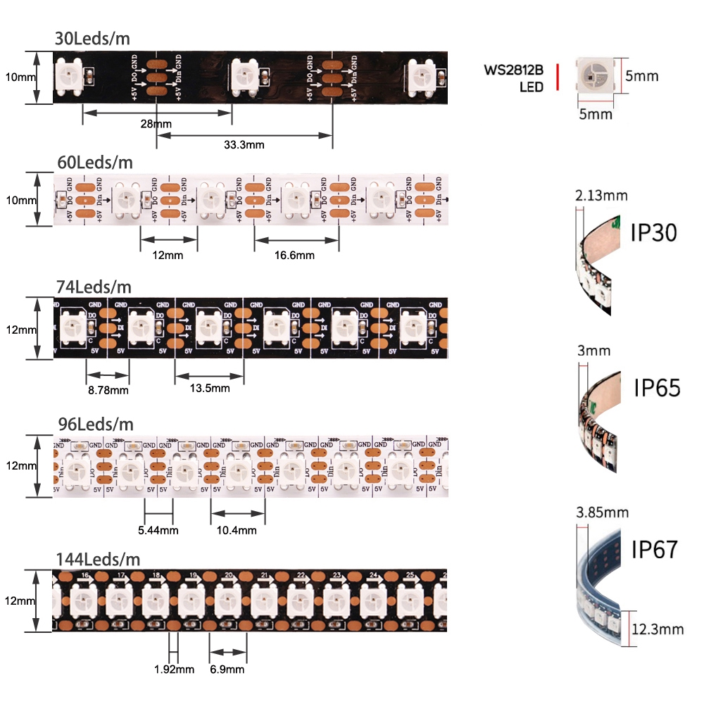 DC5V WS2812B Riêng Lẻ Addressable 5050 RGB Dây Đèn Led WS2812 Thông Minh Pixels Led Ánh Sáng Trắng Đen PCB Chống Nước IP30/65/67