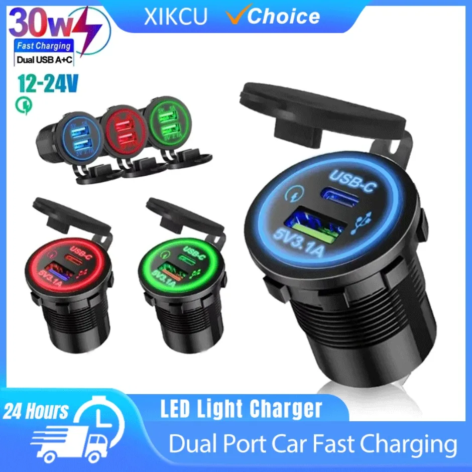 Universele autolader snel opladen motorfiets auto sigarettenaansteker LED-licht USB TYPE-C oplader stopcontact voor auto vrachtwagen