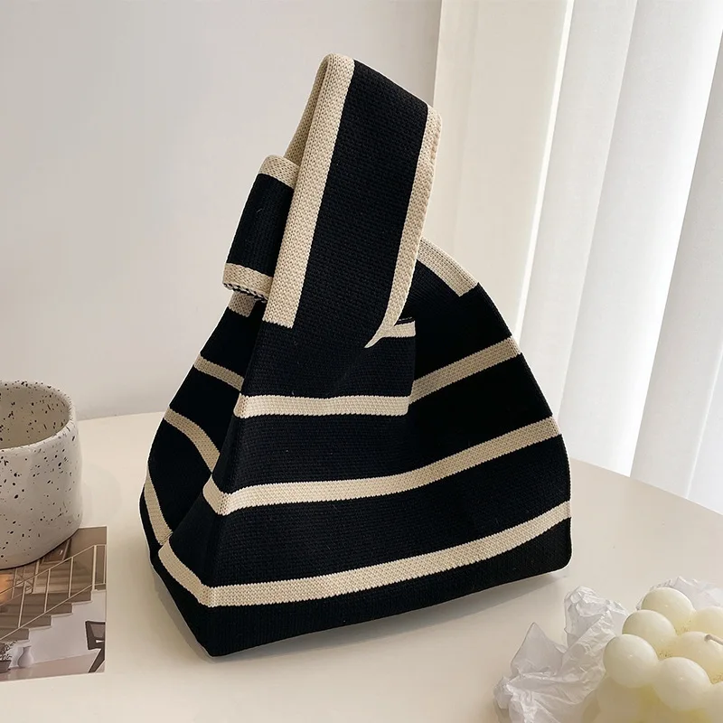 Damska ręcznie robiona mała torebka z dzianiny codzienna torba na nadgarstek szeroki pasek w paski Shopper Mini Tote studencka torba na ramię wielokrotnego użytku