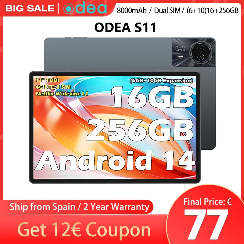 ODEA S11 Tableta, 11 Pulgadas TDDI , Android 14,  (6+10)16GB de RAM, 256GB de ROM,  4G LTE, 8000mAh, 1920x1200, UNISOC T606, 8 núcleos, Mali-G57, 5G Wifi, GPS, Ranuras SIM*2, TF hasta 1TB, for Netflix Widevine L1