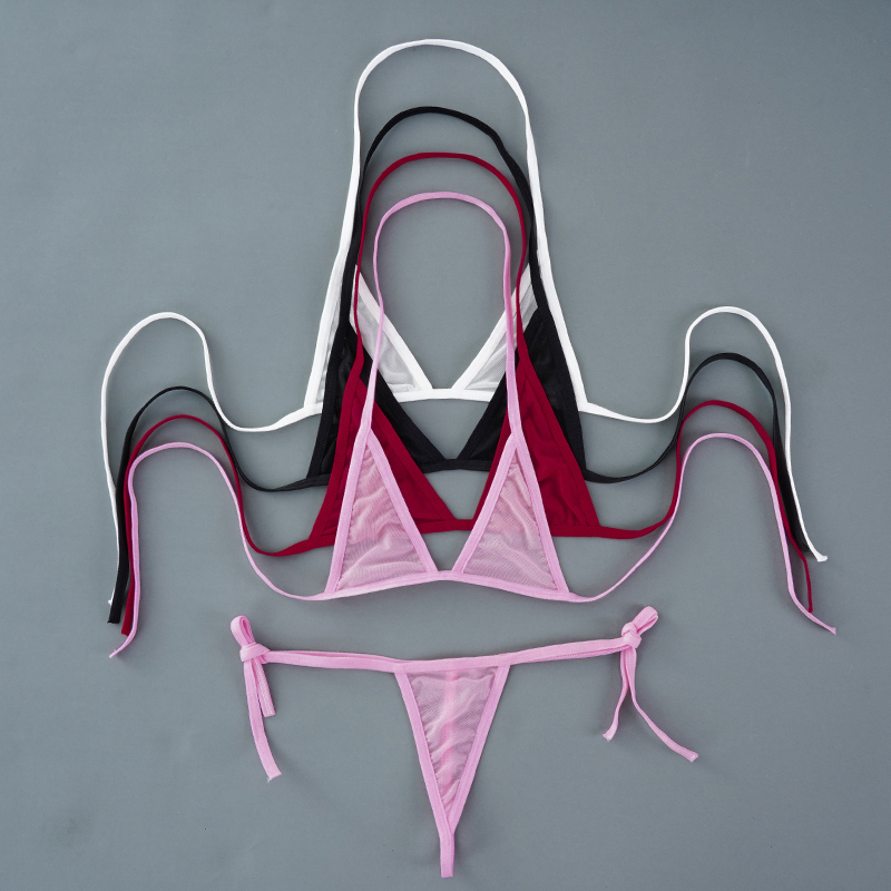 Conjuntos de Mini sujetador Sexy sin aros, conjunto de sujetador sin forro de malla ultrafina, conjunto de bragas negro transparente de 2 piezas con cuello Halter, conjuntos de lencería exótica para mujer