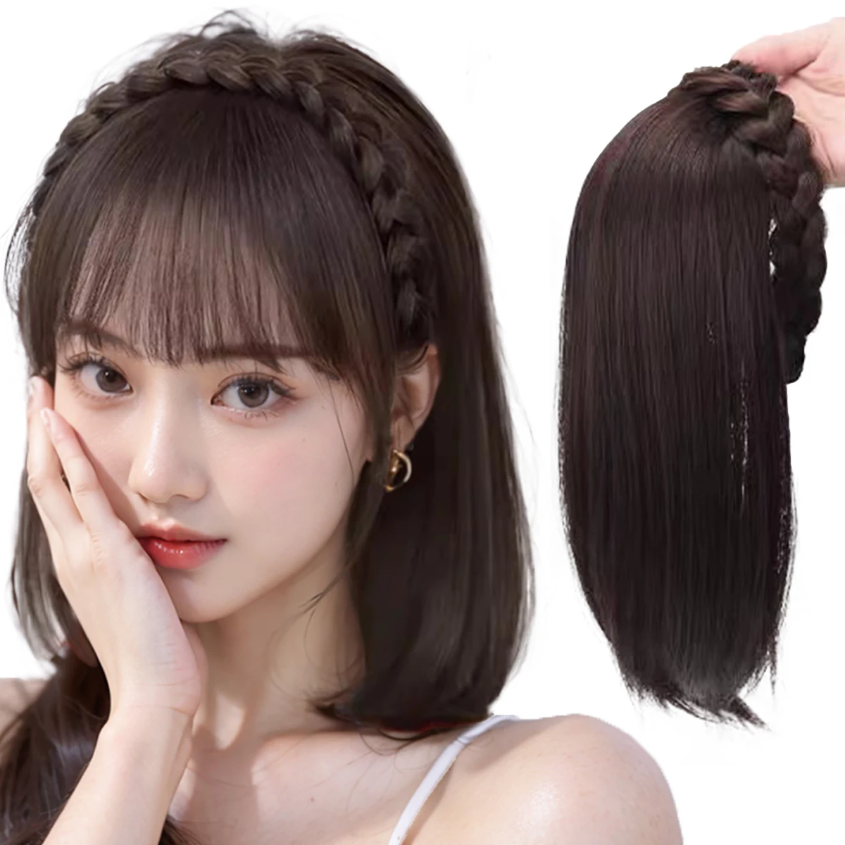 Ocelot bloco de substituição de parte superior da cabeça sintética natural com tranças de espinha de peixe extensão de cabelo superior da cabeça feminina