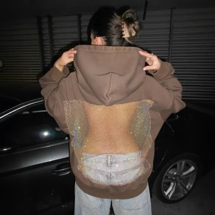 Sudadera con capucha de malla hueca para mujer, sudadera informal de manga larga con bolsillo para la cabeza, Sudadera con capucha abierta en la espalda con corte de malla transparente