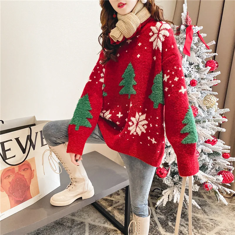 2024 outono inverno camisola de natal novo coreano engrossado cor bloqueado feminino hoodie floco de neve solto em torno do pescoço estilo preguiçoso topos