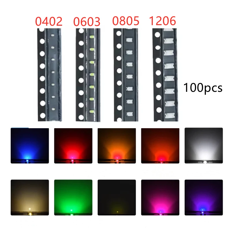 100 шт. SMD 0402 0603 0805 1206 Красный Синий Белый Зеленый Оранжевый Розовый Высокое качество Прозрачный светоизлучающий светодиодный чип Диод для поверхностного монтажа