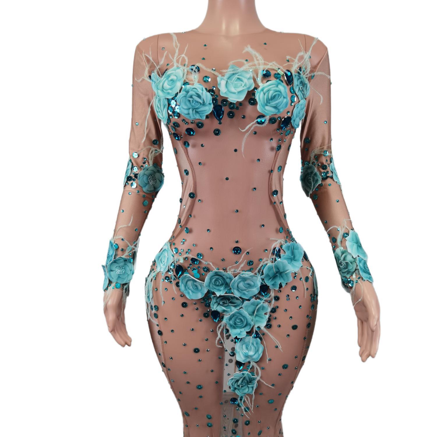 Huaxianzi-ラインストーンメッシュドレス,透明,人魚,花,メッシュ,マキシ,ステージウェア,歌手,パフォーマンス,コスチューム,結婚式,誕生日パーティー