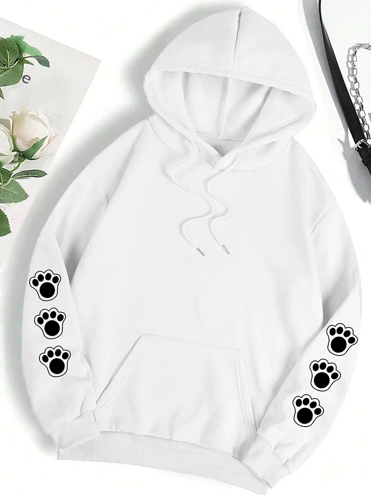Talk To The Paw-Sudadera con capucha con estampado de dibujos animados de perro divertido para mujer, Sudadera con capucha de lana cálida, Tops informales holgados con cuello redondo para otoño
