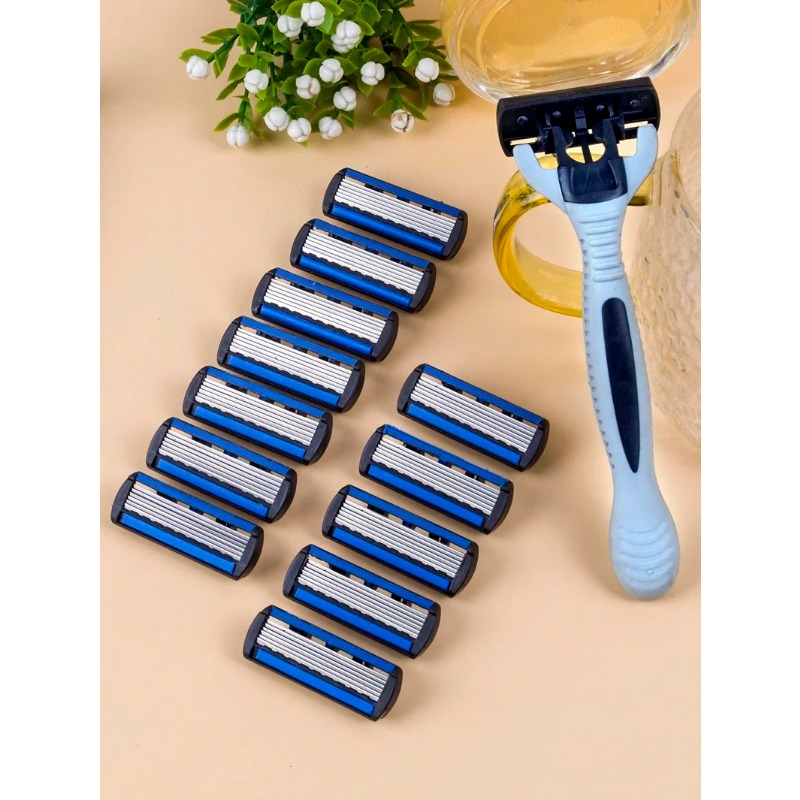 1 mango + 12 cuchillas/maquinilla de afeitar de seguridad Manual para hombres y mujeres, depilación de acero inoxidable de 6 capas, cabezal de afeitadora reemplazable