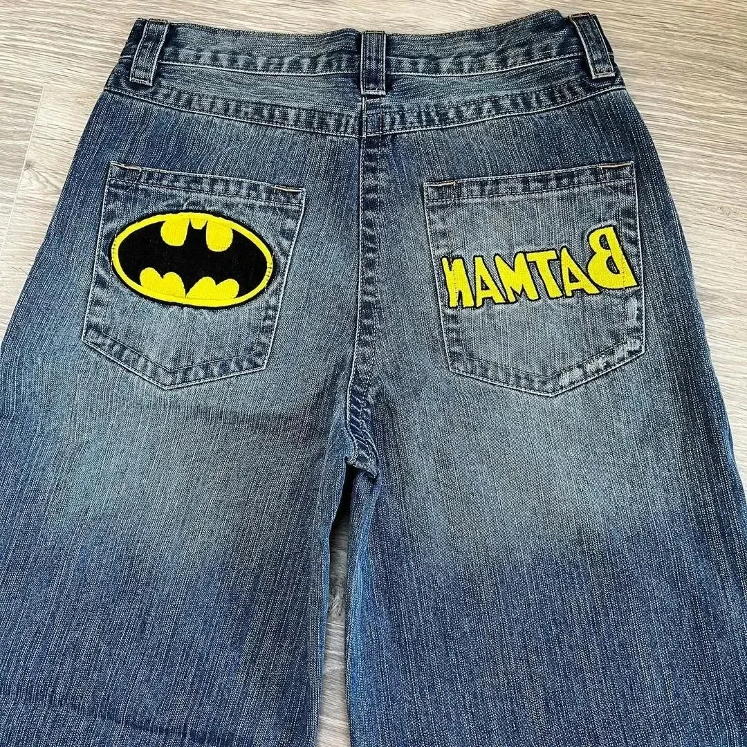 Harajuku Hip Hop Cartoon Letter Embroidery Retro Blue Baggy Jeans Mens Womens Jeans Rock Low Waist Wide Leg Trousers Y2K Clothes