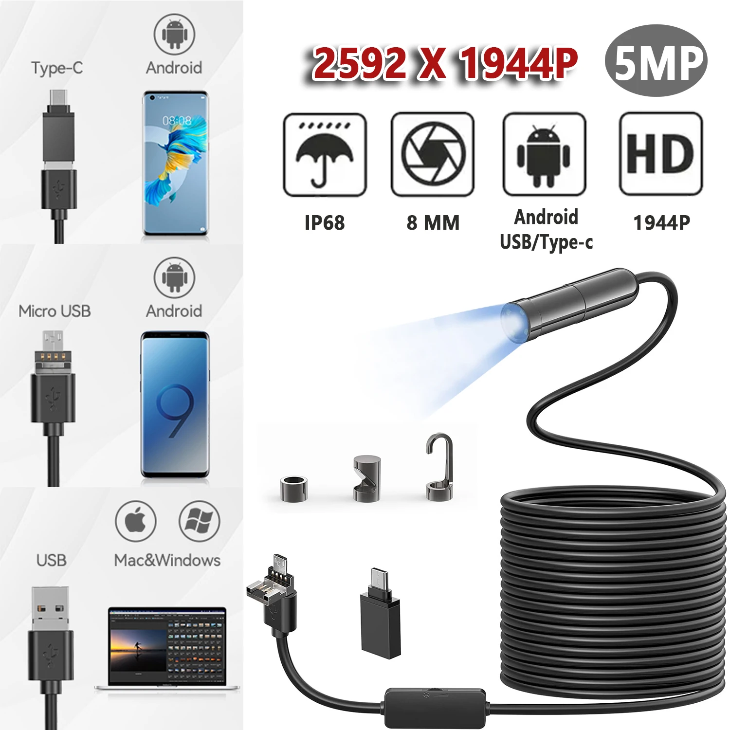 Cámara de inspección de enfoque automático para coche, endoscopio de tubería para teléfonos inteligentes Android, alta calidad, Industrial, Usb C, 4k, 8MM, 5MP, 1944P
