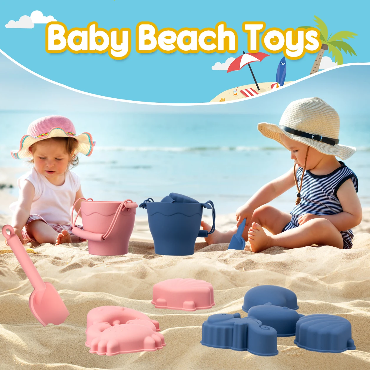 TYRY. HU 8 ชิ้น/เซ็ตของเล่นชายหาดเป็นมิตรกับสิ่งแวดล้อมซิลิโคนเกรดอาหารสนุกฤดูร้อนของเล่นกลางแจ้งสําหรับเด็กถังและ 4 สีทราย