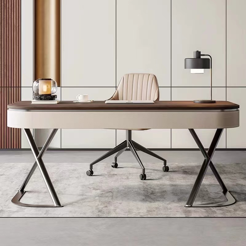 Mesa de madeira maciça de alta qualidade, moderna e minimalista, sala de estar, folheado de nogueira, couro, estudo, computador