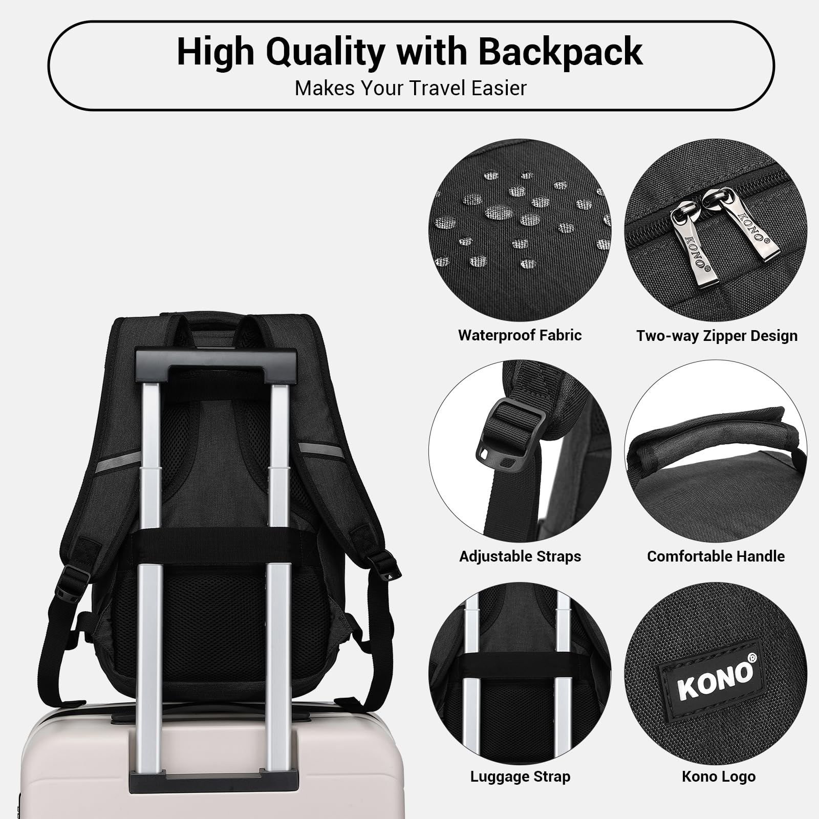 Kono Kabinentasche 40x20x25 cm für Ryanair Untersitz Handgepäck Rucksack, Kabinengröße 20L, Schwarz, Minimalistisch