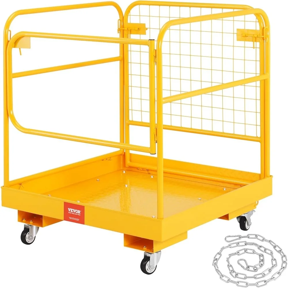 Forklift Safety Cage Foldable Work Platform Heavy Duty 1200 lbs Load Capacity with Lockable Swivel Wheels and Drainage Hole