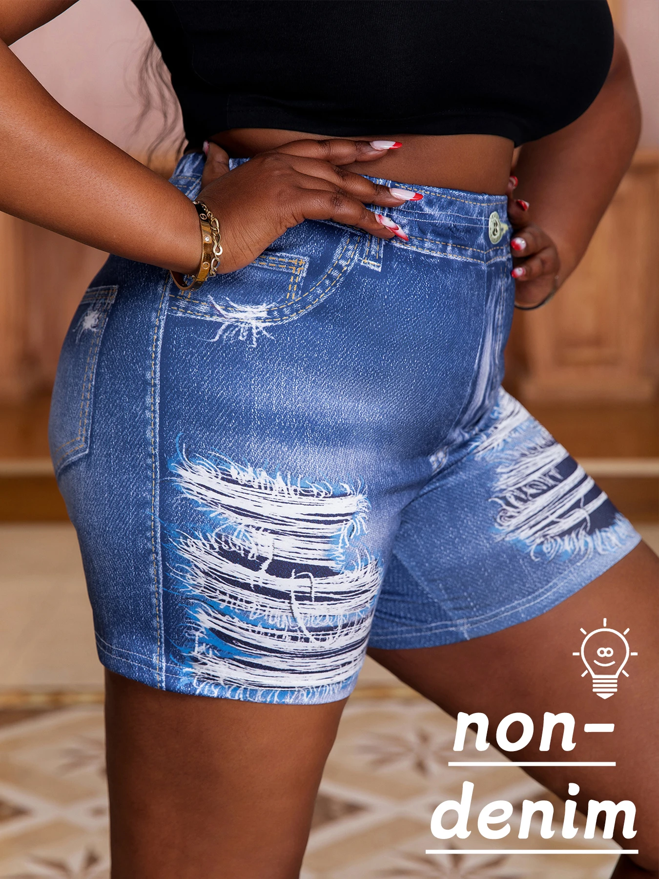 Plus-Size-Damen-Shorts, Imitationsjeans, bedruckte Löcher, Design, lässige Mode, bequeme, sommerliche, enge Hotpants