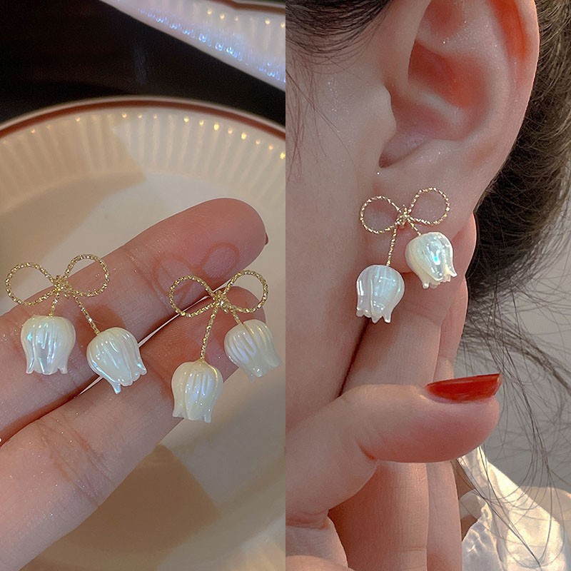 Pendientes de aguja de plata 925 para mujer, aretes de tulipán con lazo, moda coreana, joyería de tendencia, nuevos pendientes de flor blanca para mujer, Brinco 2024