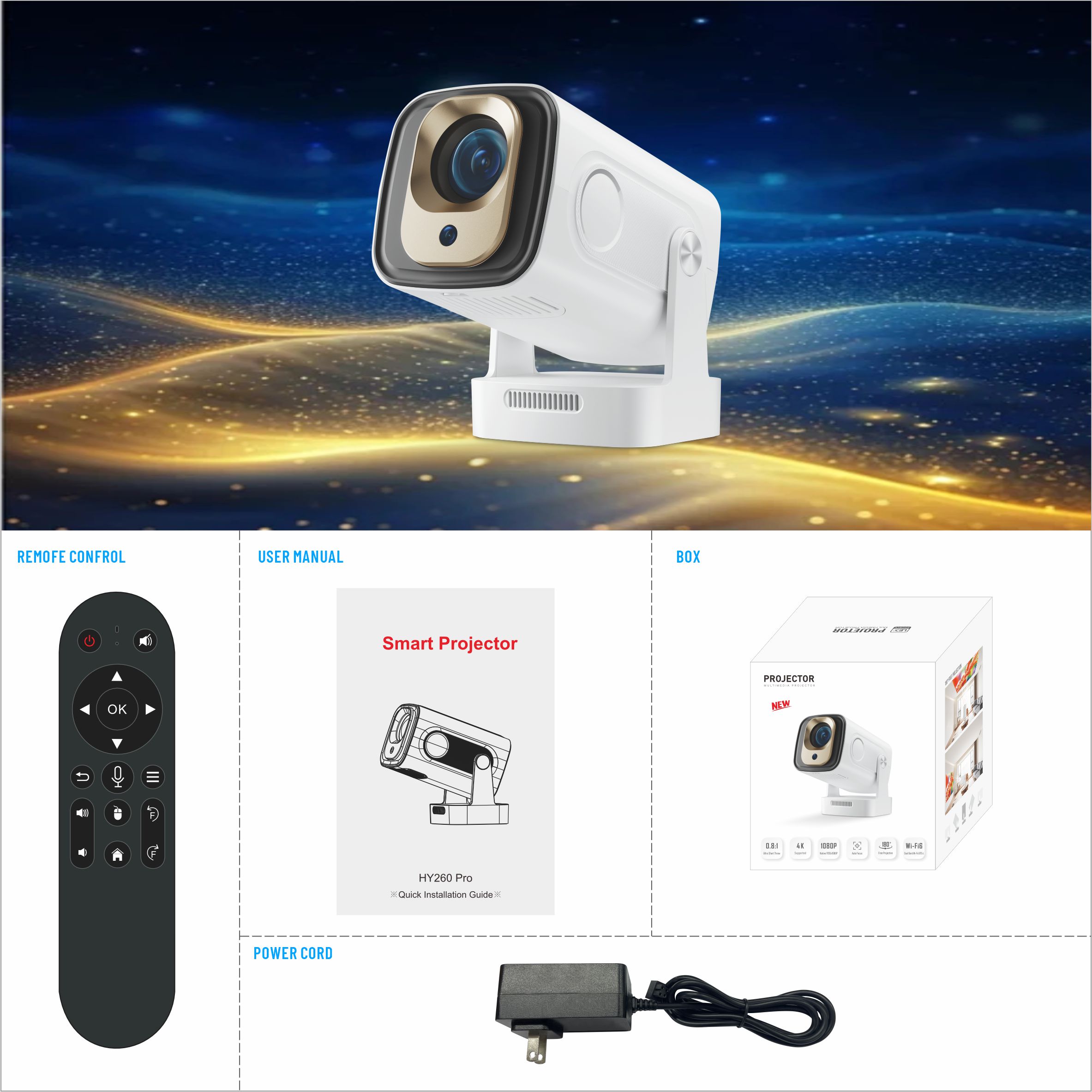 HY260Pro Smart Projector Supperted 4K Android 11 Dual Wifi6 330 ANSI Quad-core Allwinner H713 1080P Home Cinema Outdoor Projetor