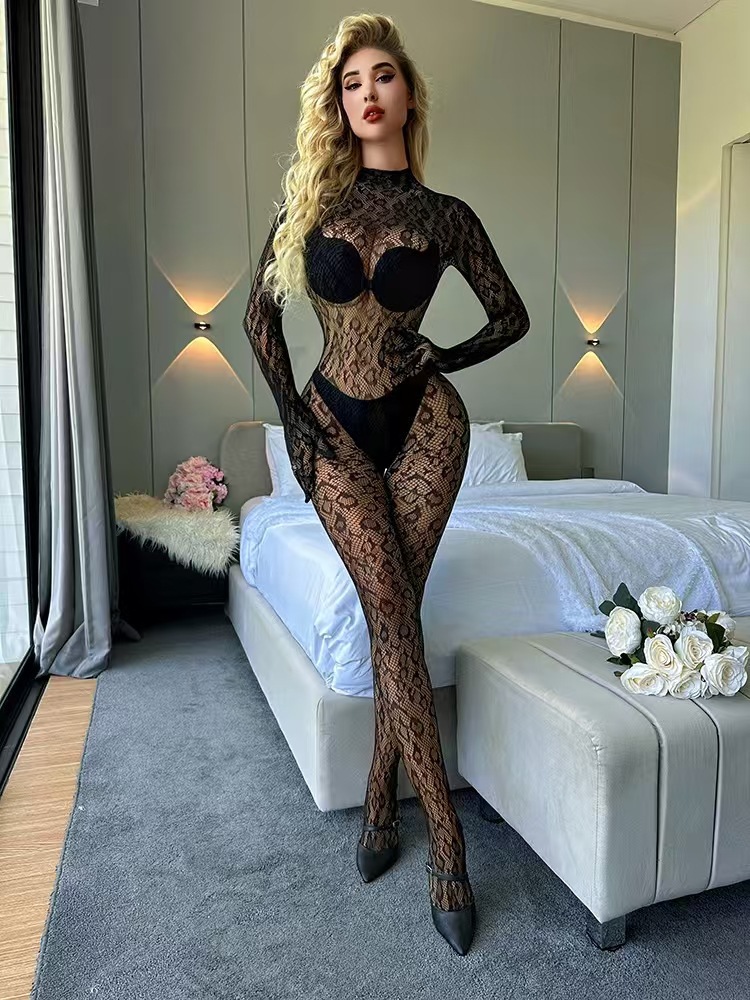 Kobiety seksowny lampart drążą siateczkowe Bodystocking bielizna kabaretki z długim rękawem przepuszczalne body kombinezon bielizna nocna SIMPLEJEWEL