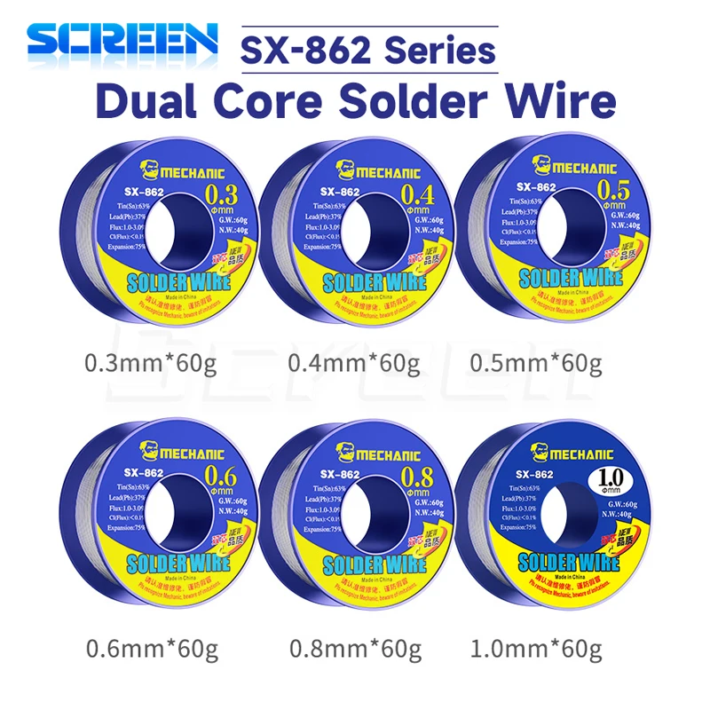 MECHANIC SX-862 와이어 이중 로진 코어 플럭스 0.3-1.8mm 고품질 및 고순도 환경 보호 주석 와이어 도구