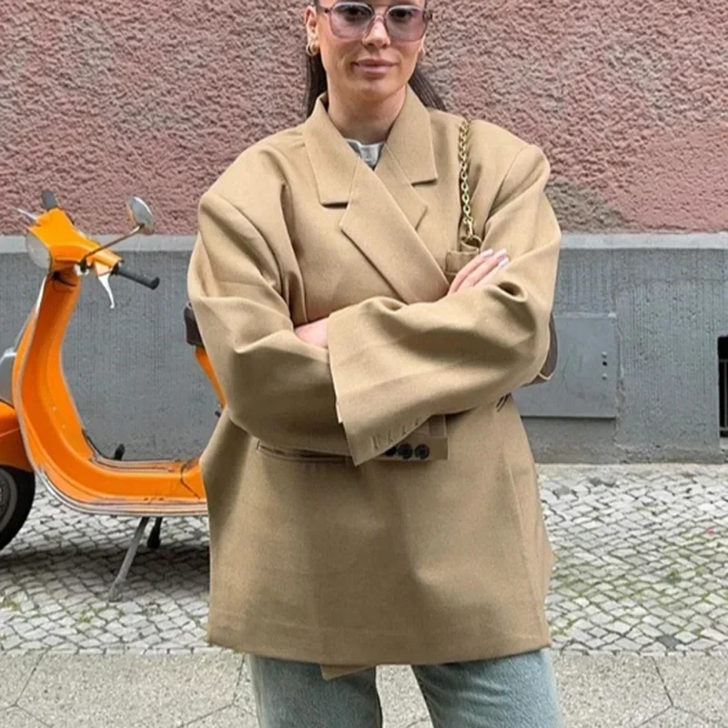 Fashion Casual Thin Suits Blazer Coat Women Solid Lapel Office Loose Lady Jacket Autumn Oversize Chic Pocket Female Outerwear