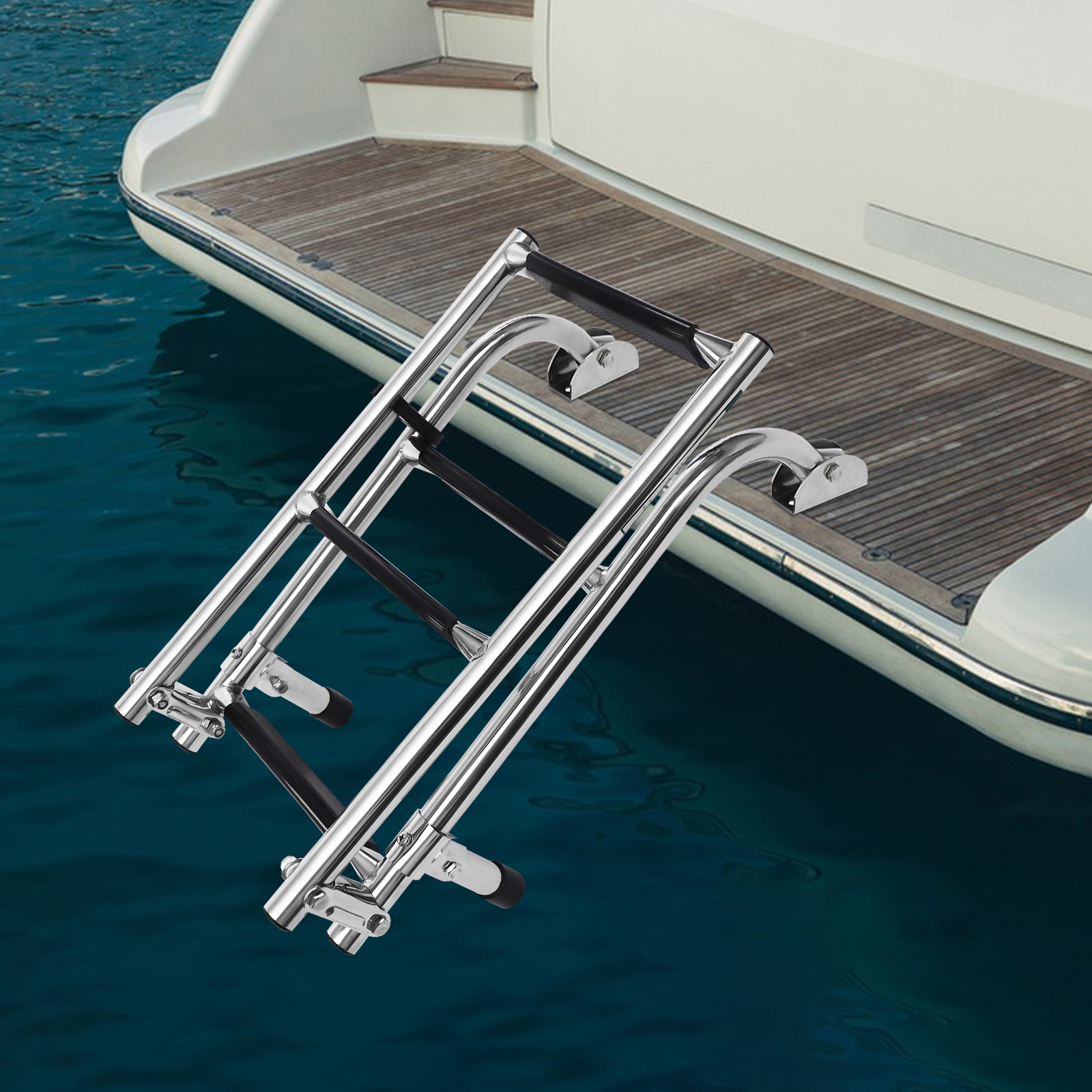 Marine-Klappleiter, 4-stufige Edelstahlleiter, rutschfeste Schwimmbadleiter, für Boot, Yacht, Bilgen/Seitengitter, 300 Pfund