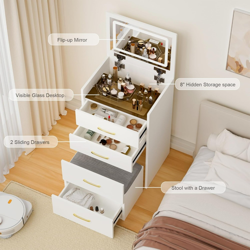 3 in 1 Vanity Desk with open Top Mirror, Make Up Set with Visible Glass Desktop, Makeup Vanity with 3 Drawers, Dressing Table