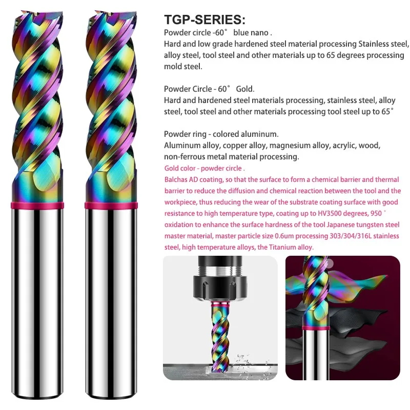 GAMONT-fresas de extremo plano de aluminio y carburo de tungsteno de acero, cortador de fresado mecanizado CNC, revestimiento DLC, círculo de Color de 3 flautas, TGP-HRC60