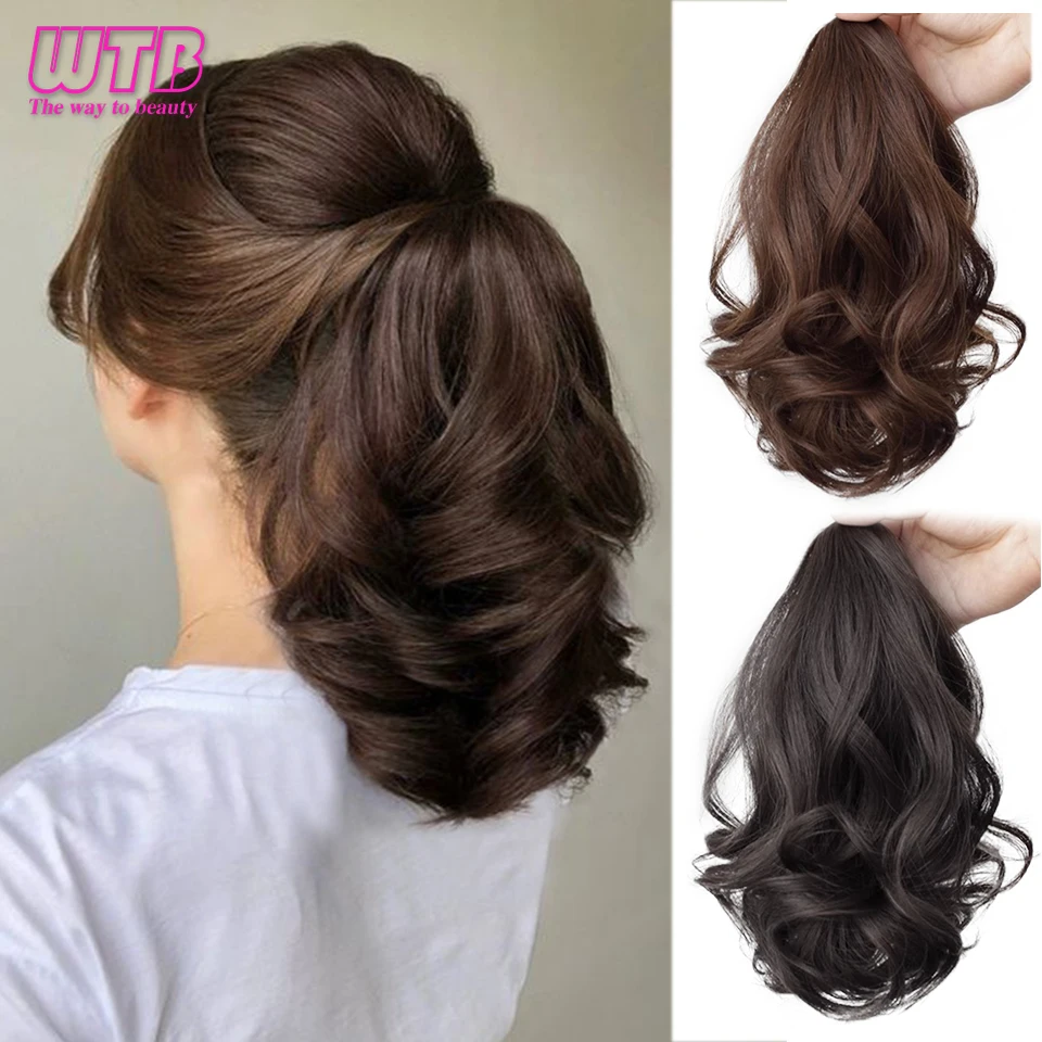 Extensiones de cabello de cola de caballo con Clip de garra ondulada corta sintética, pelo falso de cola Natural corto y rizado para mujer, peluca negra con cola de caballo