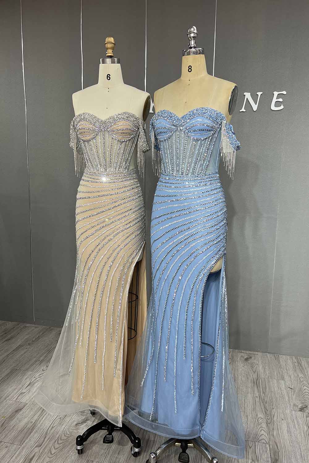 YQLNNE สีฟ้าปิดไหล่คริสตัลลูกปัดชุดราตรีประกวดยาว Tulle สีแดงพรมพรรคชุด Mermaid 025