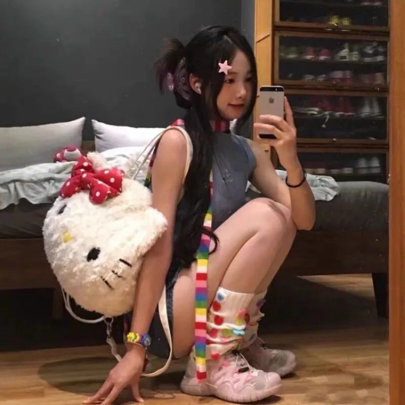 MBTI Hello Kitty bolso de hombro de felpa para mujer, bolso de mano de gran capacidad con dibujos animados suaves y esponjosos, bolso informal de estilo japonés