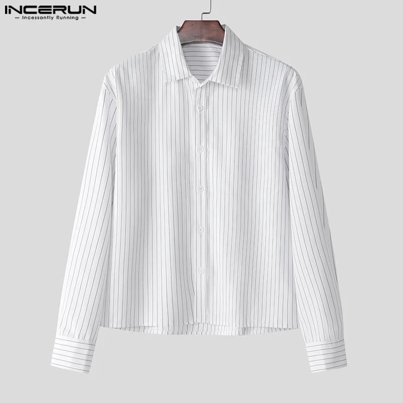 INCERUN Tops 2025 estilo coreano camisa recortada a rayas simples informal para hombre ropa de calle de moda Blusa de manga larga superventas para hombre