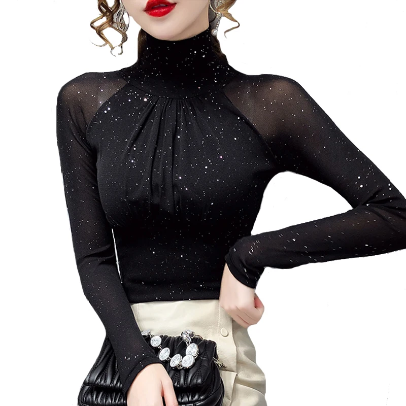 Thời Trang Hàn Quốc Nữ Lưới Top Cao Cổ Đen Gợi Cảm Đáy Áo Khoác Sáng Lụa Áo Sơ Mi Nữ Blusa