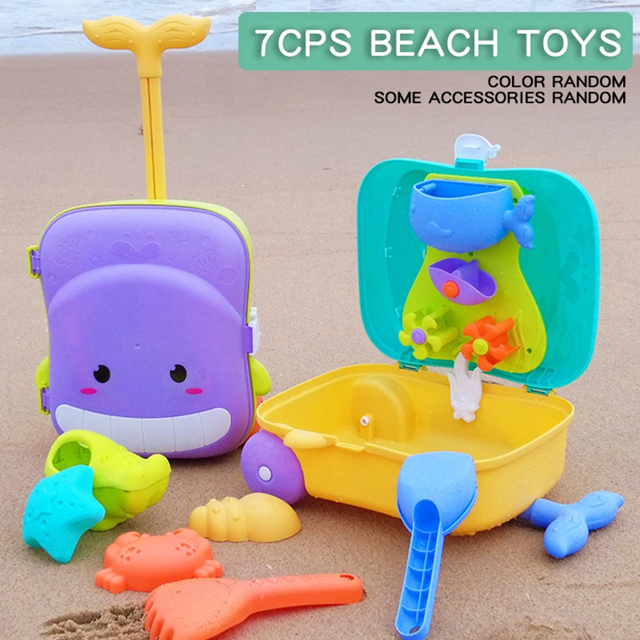 Conjunto de brinquedos de praia de verão para crianças baleia bagagem carrinho caso pá de areia de verão brinquedo de água ao ar livre