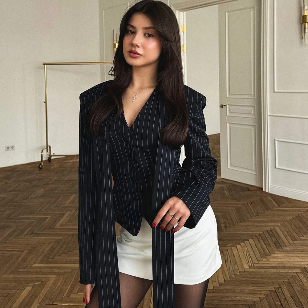 Tuularose 3 Piece Dress Set Women Elegant V-Neck Striped Ribbon Blazer Slim Short Dress Set Fashion Luxury Women Party Dress Set